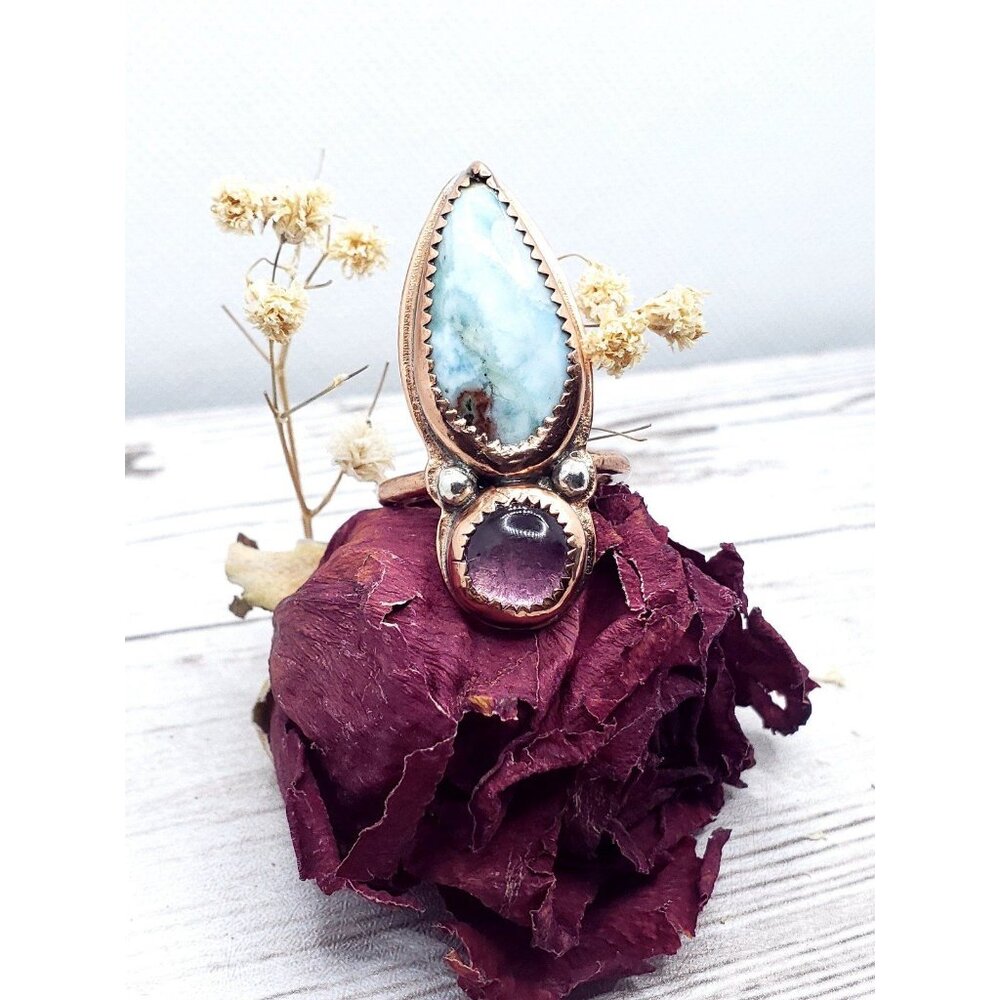 Amethyst and Larmiar Crystal Statement Ring Handmade Copper Jewelry Boho - Picture 2 of 12